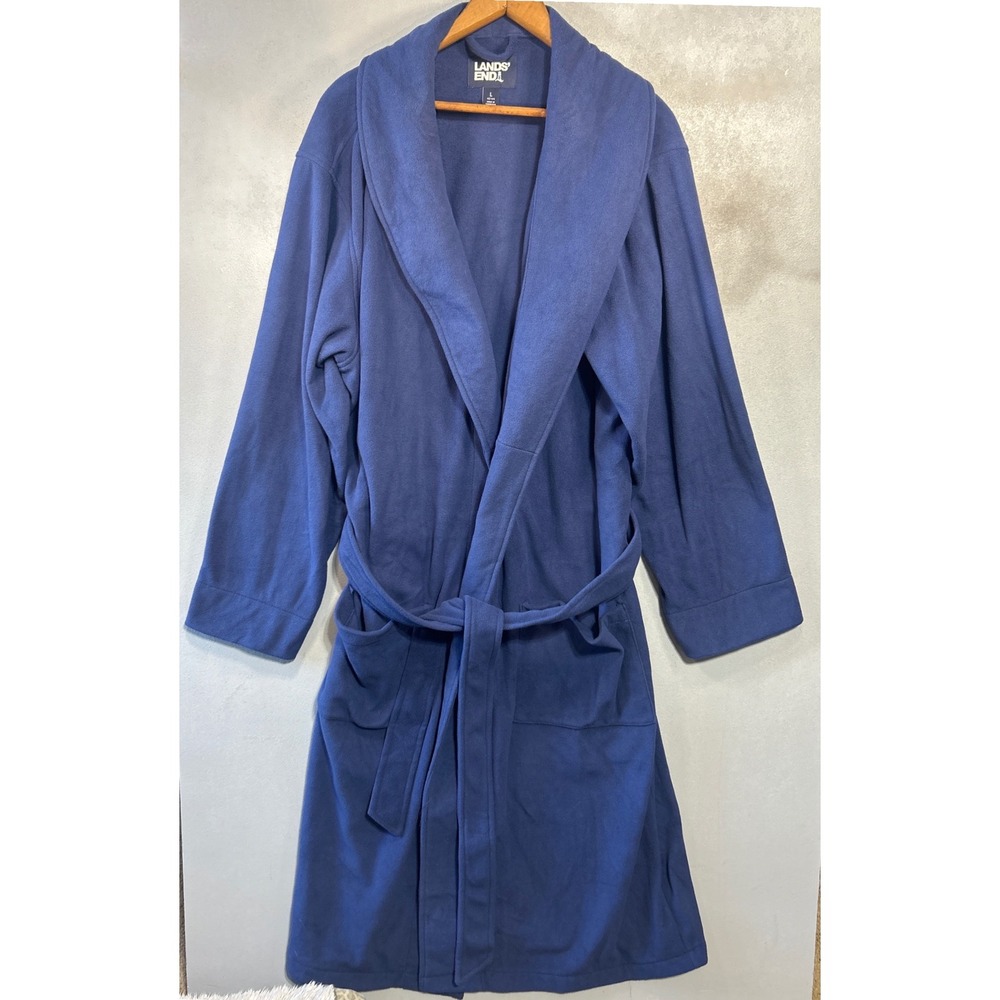 Lands End Mens Fleece Robe Blue Large Shawl Collar Long Sleeve Belted Soft Plush